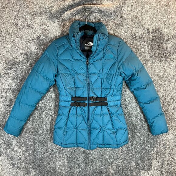 North Face 550 Down Jacket Womens Small Blue Full Zip Belted Winter Puffer - Picture 1 of 10